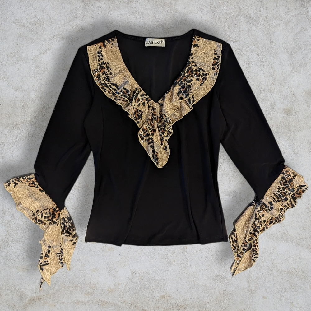 Y2K Jaipur Ruffle Snake Skin Animal Print V Cut Stretch Shirt sz M